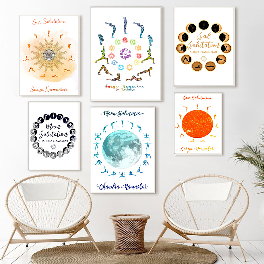 Home Gym Yoga Room - Yoga-Posen Sonne-Mond-Gruß Wandkunst Leinwandbild Nordische Poster